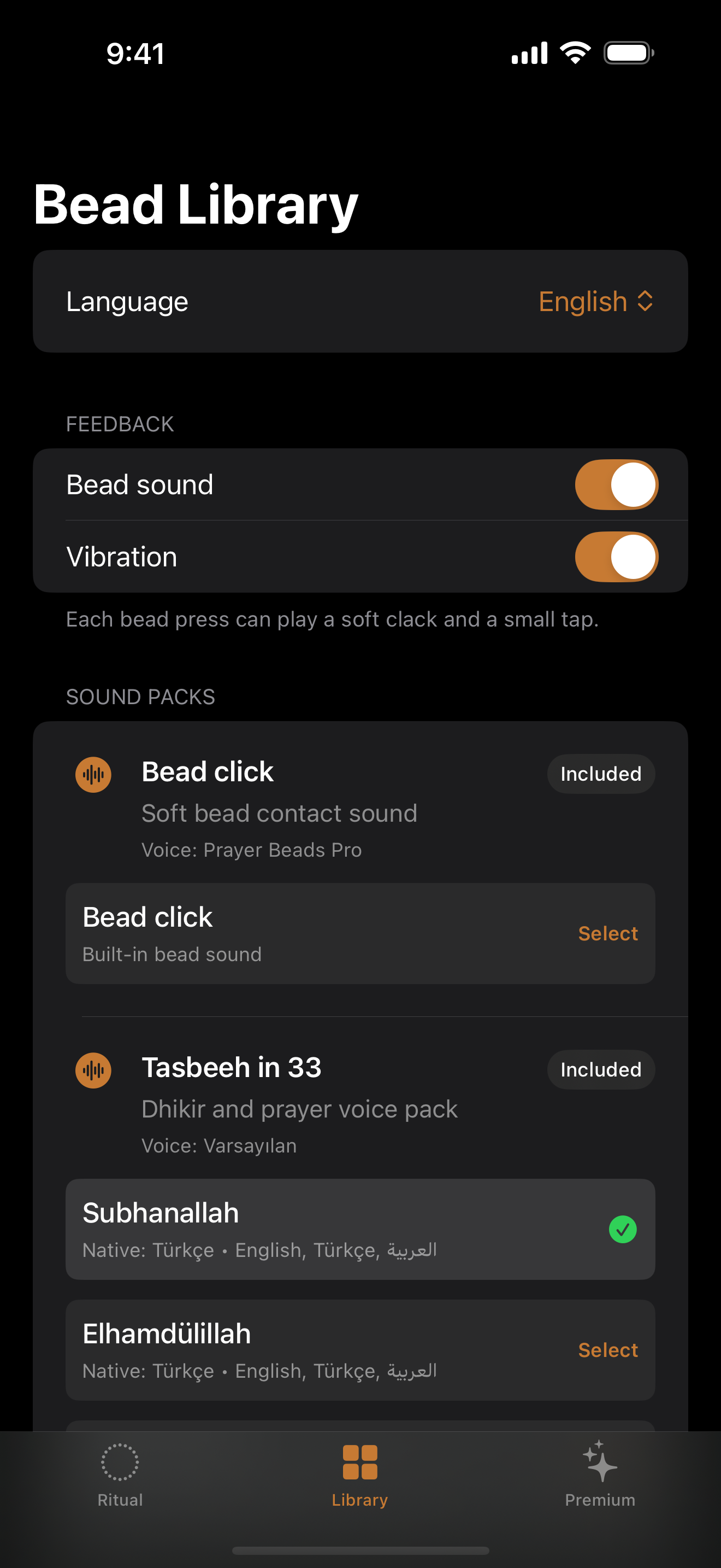 Prayer Beads Pro Library screen showing the included Tasbeeh in 33 sound pack.