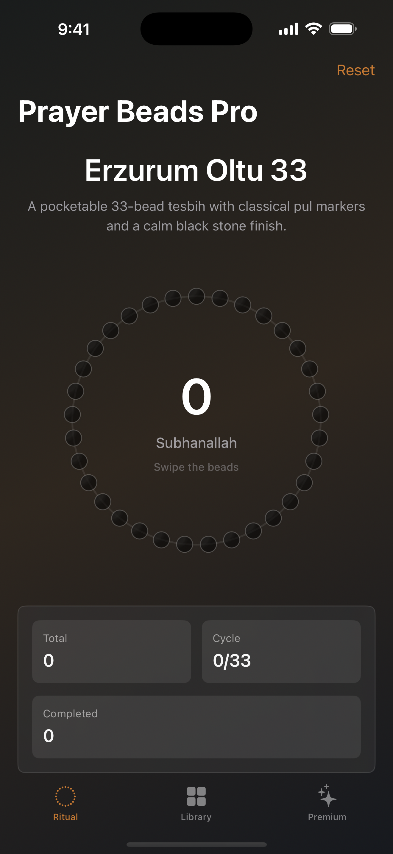 Prayer Beads Pro Ritual screen showing Erzurum Oltu 33 with Subhanallah selected as the sound.